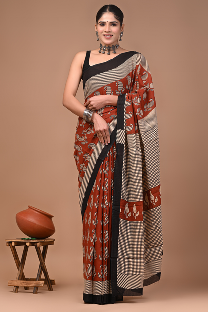 Black Cotton Mulmul Saree with Peach Striped Pattern & Elegant Black Border