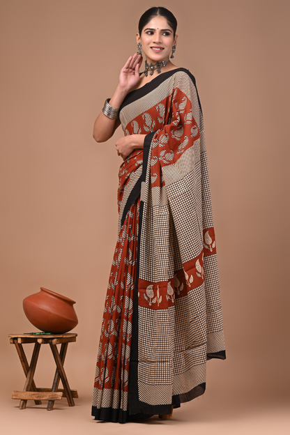 Black Cotton Mulmul Saree with Peach Striped Pattern & Elegant Black Border