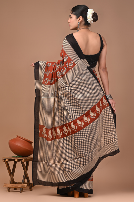 Black Cotton Mulmul Saree with Peach Striped Pattern & Elegant Black Border