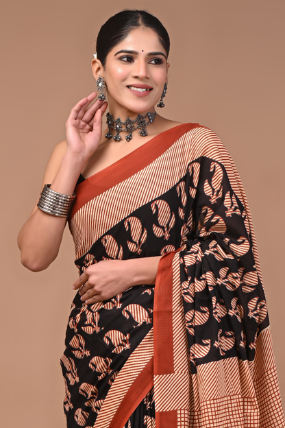 Black Cotton Mulmul Saree with Peach Leafy Print & Brown Designer Pallu
