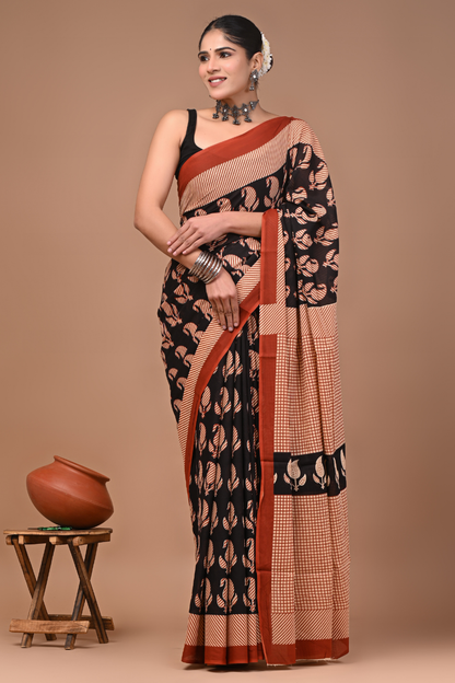 Black Cotton Mulmul Saree with Peach Leafy Print & Brown Designer Pallu