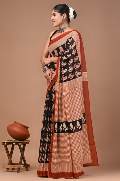 Black Cotton Mulmul Saree with Peach Leafy Print & Brown Designer Pallu