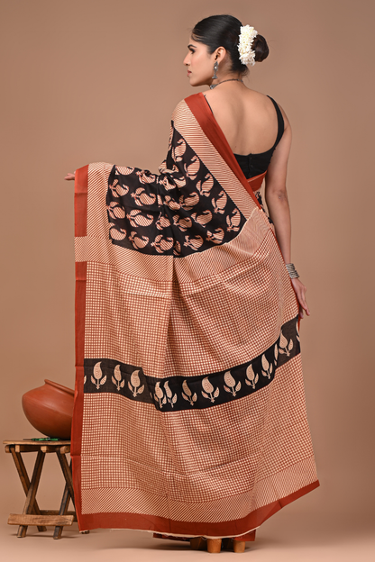 Black Cotton Mulmul Saree with Peach Leafy Print & Brown Designer Pallu