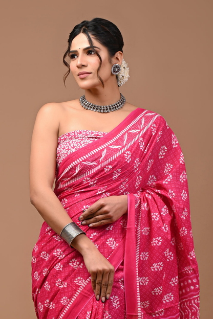 Pink Cotton Mulmul Saree with White Artistic Print & Designer Pallu