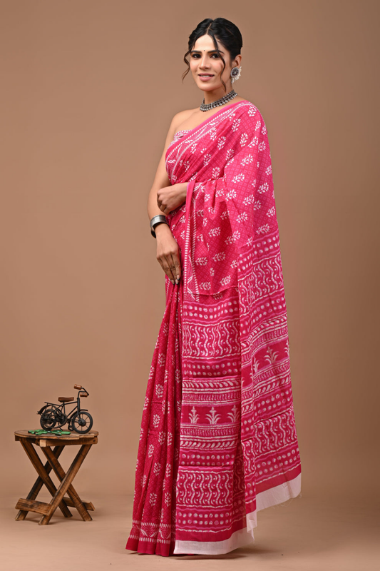 Pink Cotton Mulmul Saree with White Artistic Print & Designer Pallu