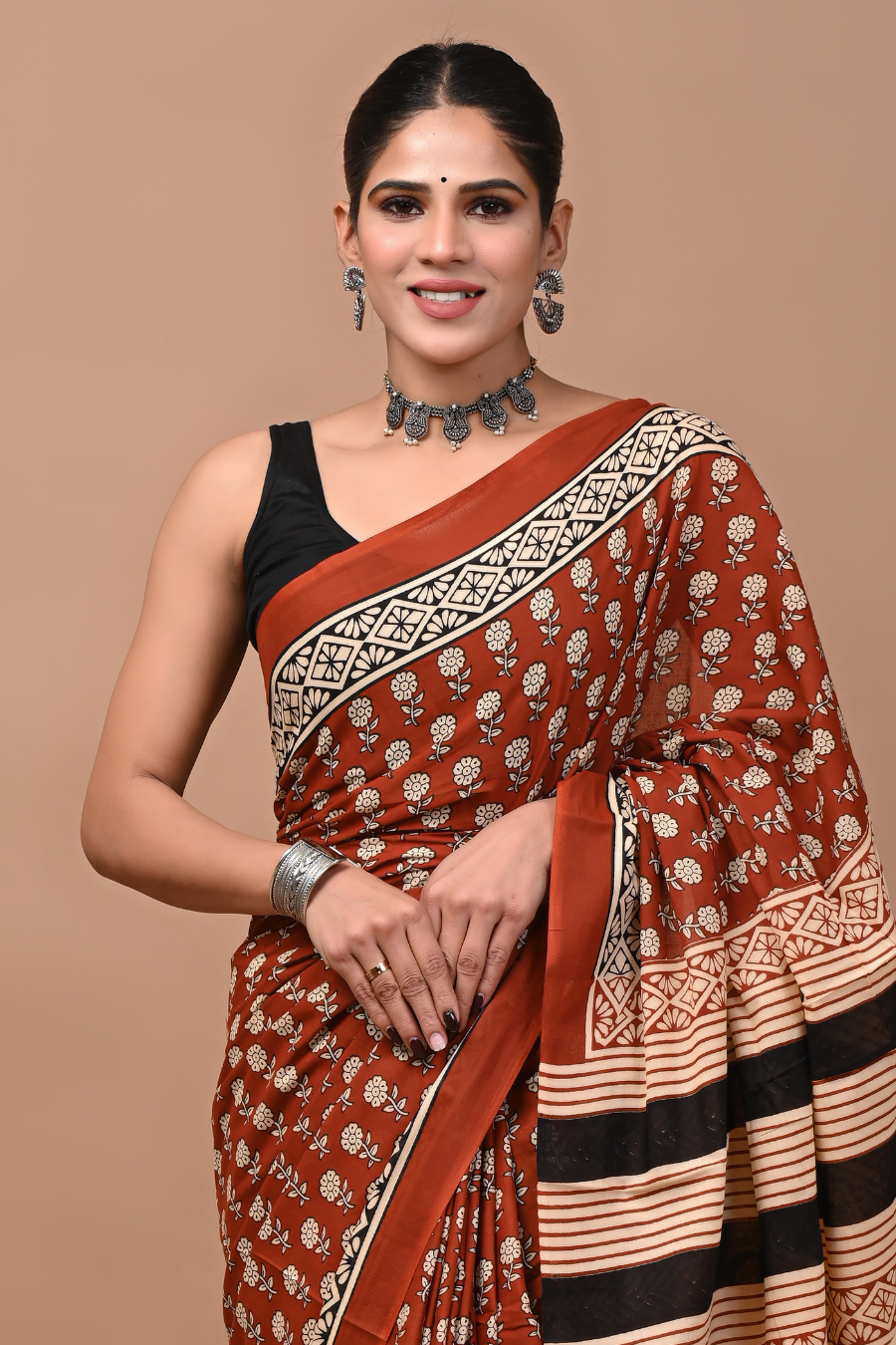 Brown Cotton Mulmul Saree with Black & Peach Striped Artistic Pallu