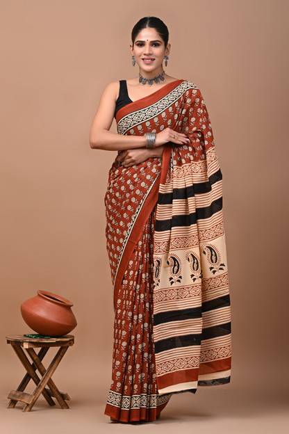Brown Cotton Mulmul Saree with Black & Peach Striped Artistic Pallu