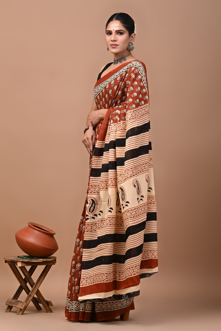 Brown Cotton Mulmul Saree with Black & Peach Striped Artistic Pallu