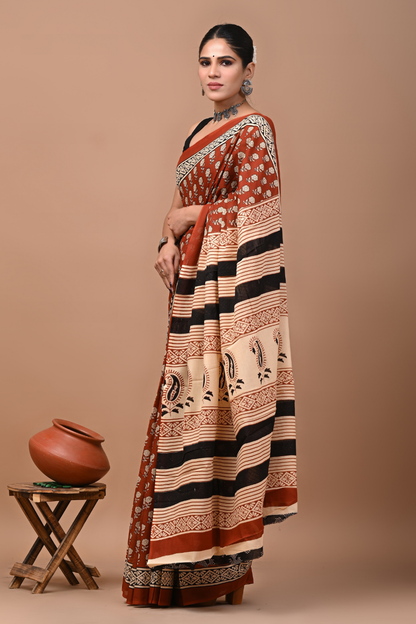 Brown Cotton Mulmul Saree with Black & Peach Striped Artistic Pallu