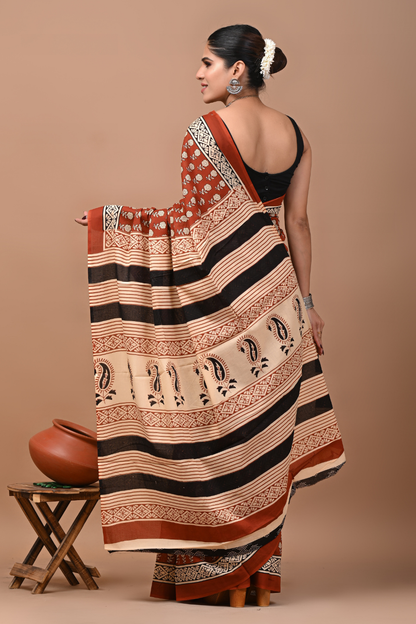 Brown Cotton Mulmul Saree with Black & Peach Striped Artistic Pallu