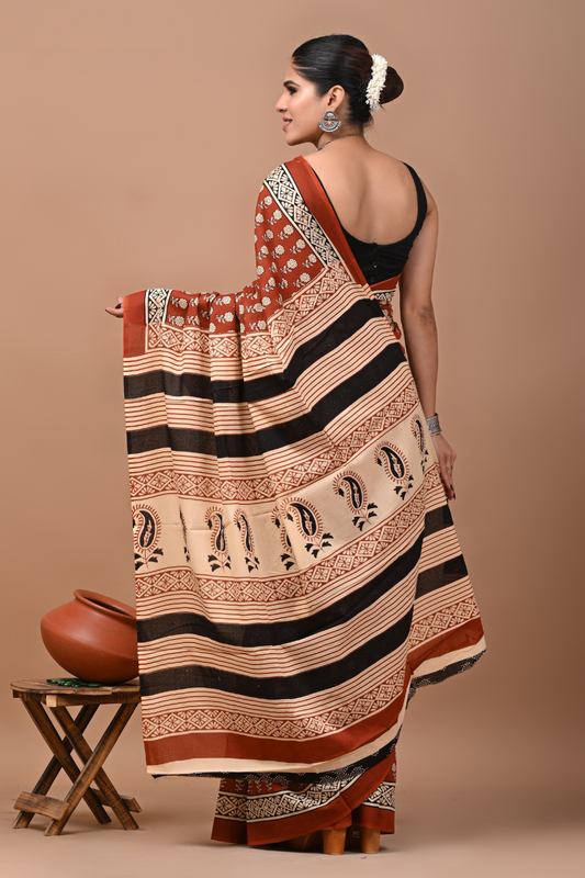Brown Cotton Mulmul Saree with Black & Peach Striped Artistic Pallu