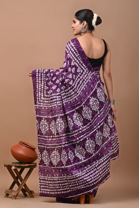 Yellow Cotton Mulmul Saree with Artistic Tie-Dye Print & Designer Pallu