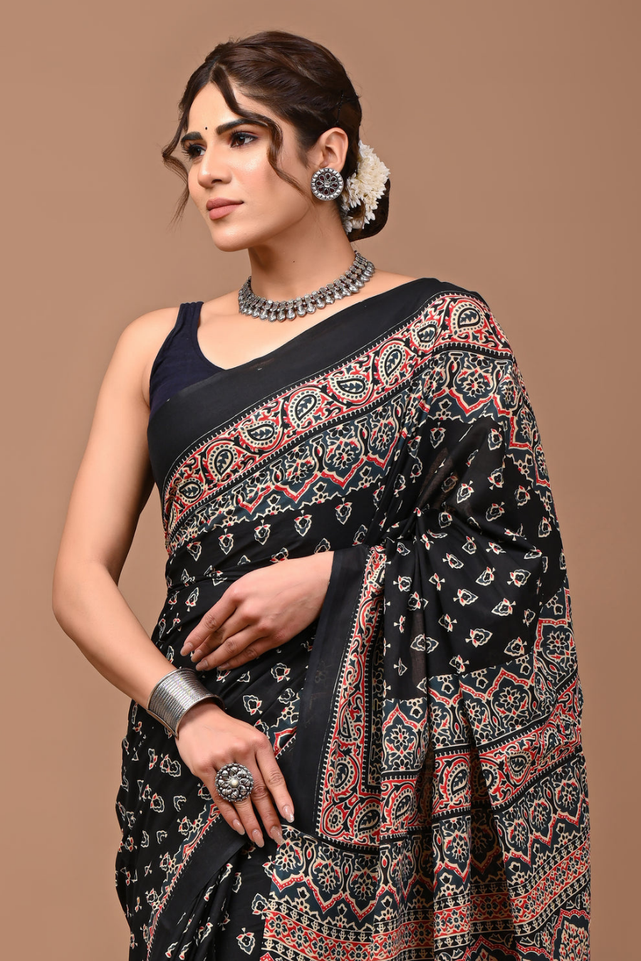 Black Hand Block Printed Cotton Mulmul Saree | Orange, Red & White Print | Soft Lightweight Ethnic Wear