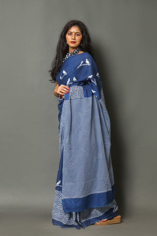 Royal Blue Cotton Mulmul Saree with White Bird Print & Striped Designer Pallu