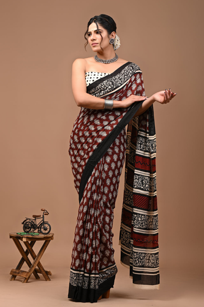 Maroon Cotton Mulmul Saree with Black & Cream Ethnic Print Pattern