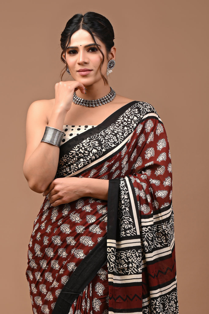 Maroon Cotton Mulmul Saree with Black & Cream Ethnic Print Pattern