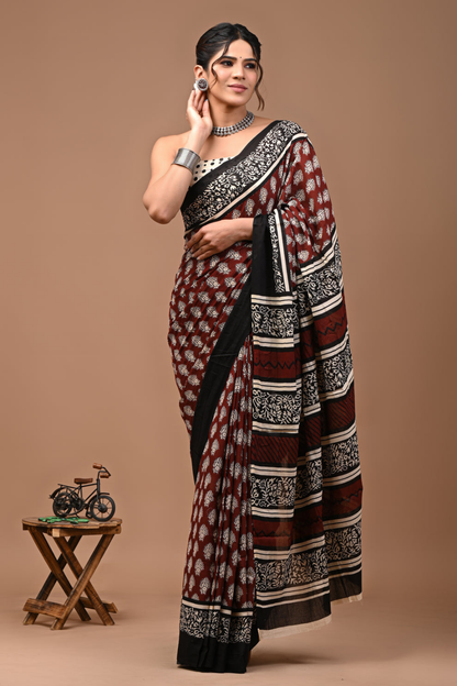 Maroon Cotton Mulmul Saree with Black & Cream Ethnic Print Pattern