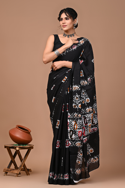 Black Cotton Mulmul Saree with White & Red Artistic Small Print Pattern