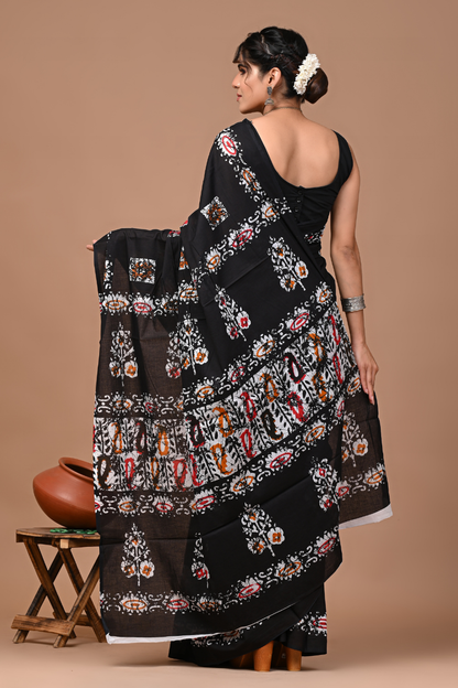 Black Cotton Mulmul Saree with White & Red Artistic Small Print Pattern
