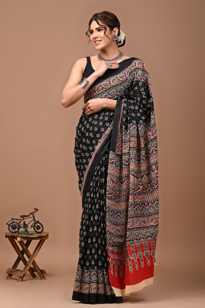 Black Hand Block Printed Cotton Mulmul Saree | Orange, Red & White Print | Soft Lightweight Ethnic Wear