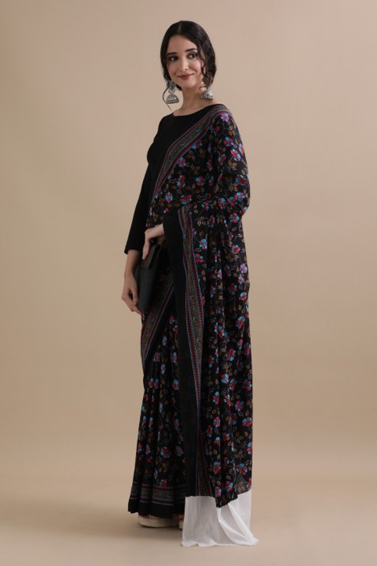 Designer Black Cotton Mulmul Saree with Intricate Detailed Print Pattern