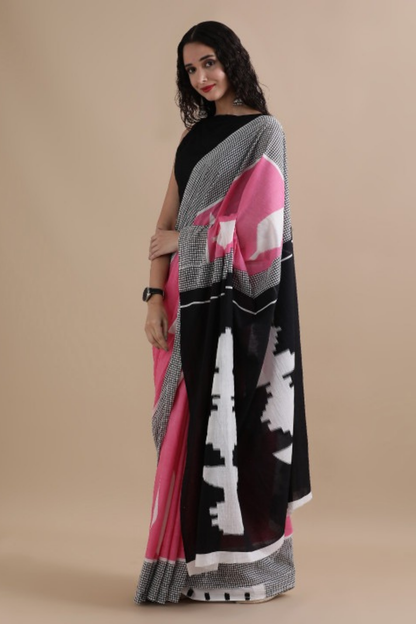 Pink Cotton Mulmul Saree with Grey Striped Border & Black White Designer Pallu