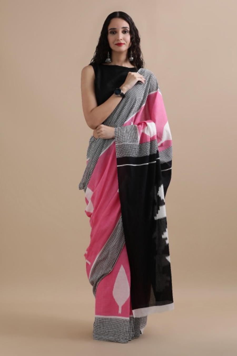 Pink Cotton Mulmul Saree with Grey Striped Border & Black White Designer Pallu