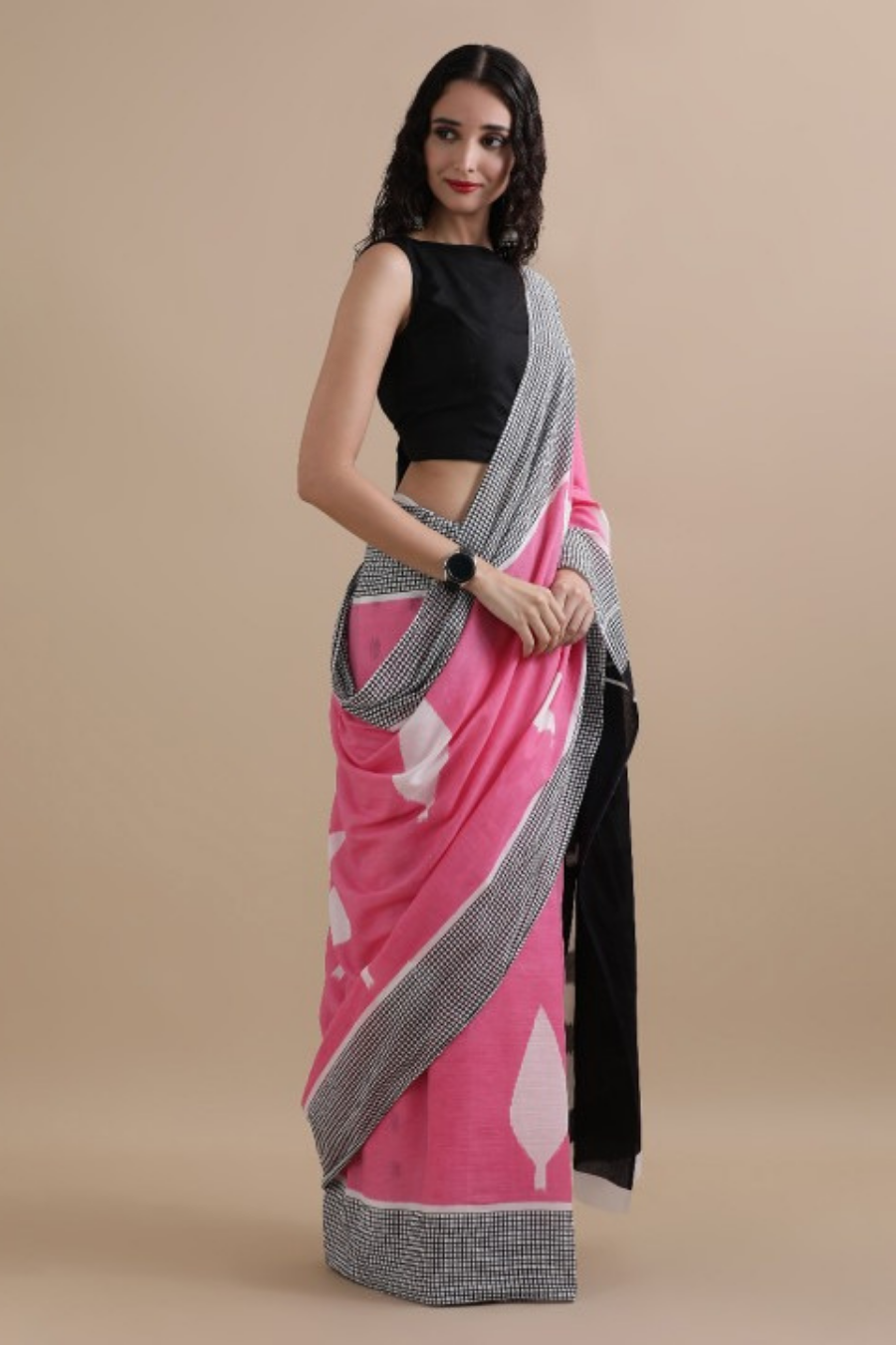 Pink Cotton Mulmul Saree with Grey Striped Border & Black White Designer Pallu