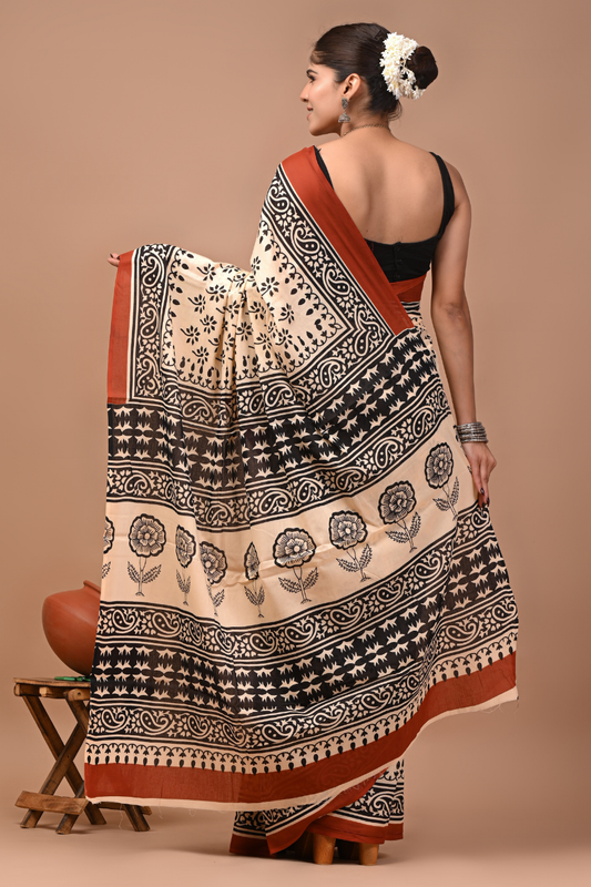 Light Peach Cotton Mulmul Saree with Black Artistic Design Print