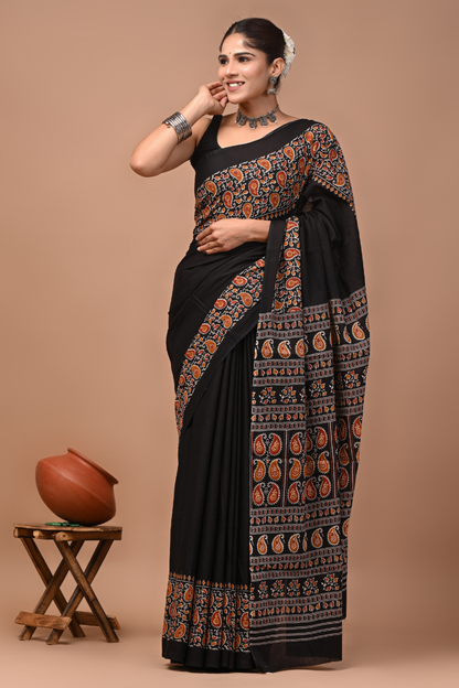 Black Cotton Mulmul Saree with Brown Artistic Designer Pattern