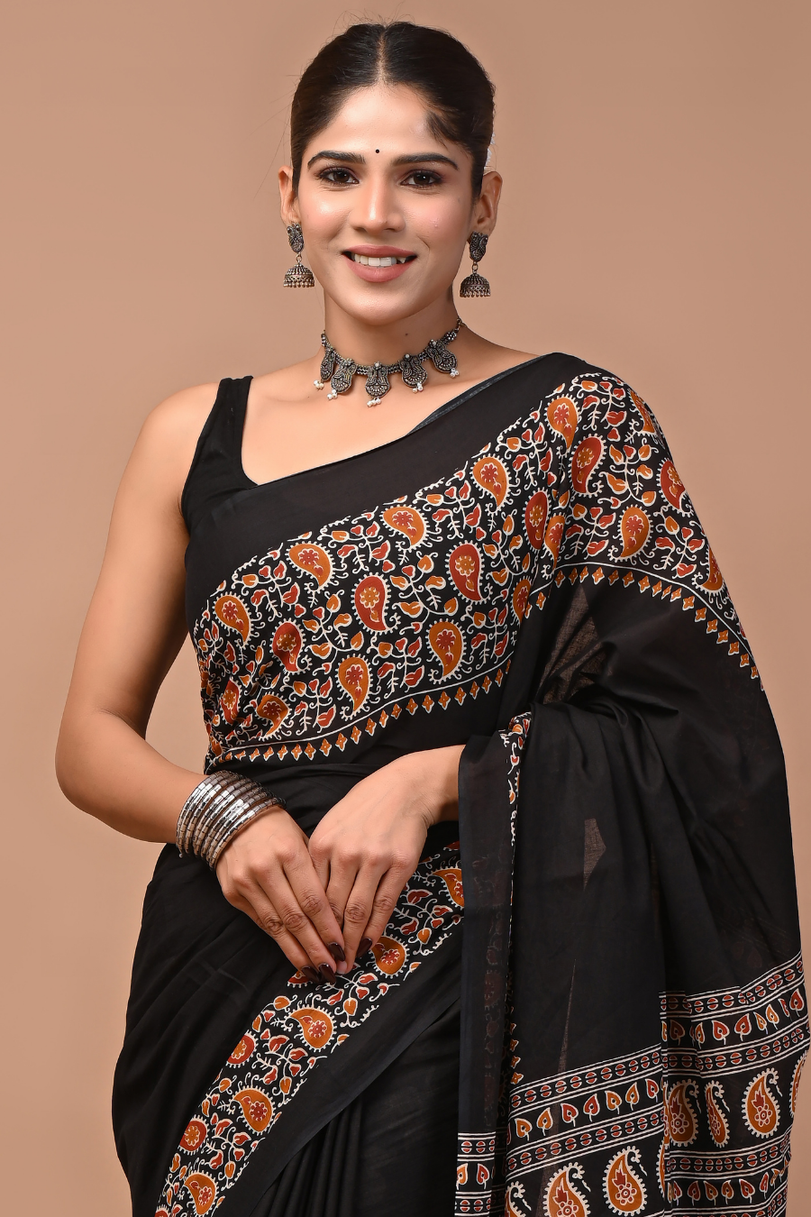 Black Cotton Mulmul Saree with Brown Artistic Designer Pattern