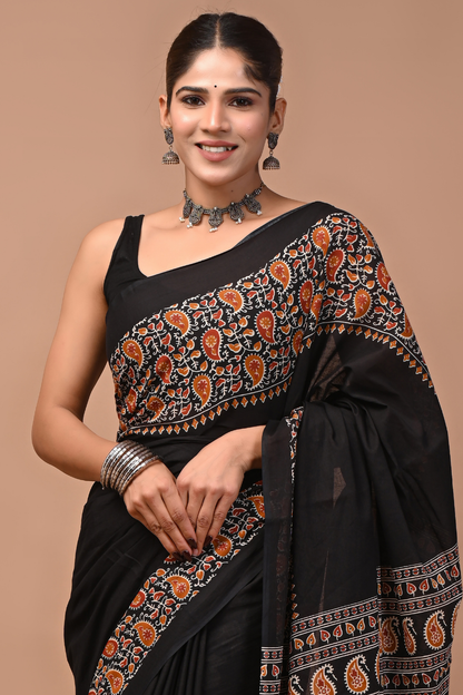 Black Cotton Mulmul Saree with Brown Artistic Designer Pattern