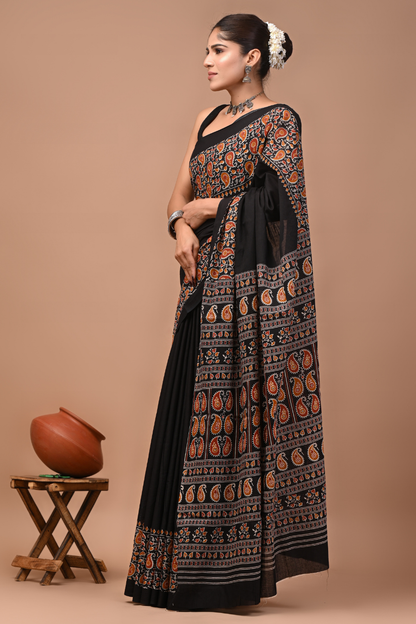 Black Cotton Mulmul Saree with Brown Artistic Designer Pattern