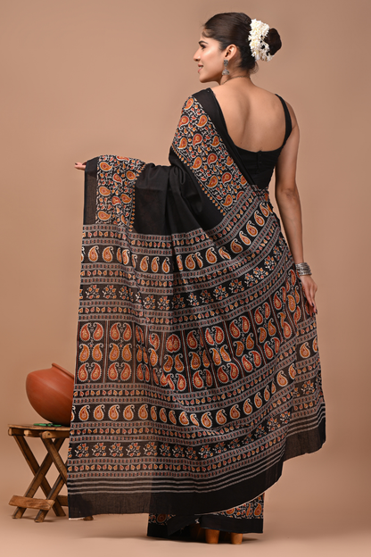 Black Cotton Mulmul Saree with Brown Artistic Designer Pattern