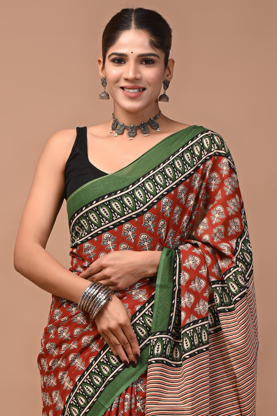 Brown Cotton Mulmul Saree with Forest Green Border & White Striped Print