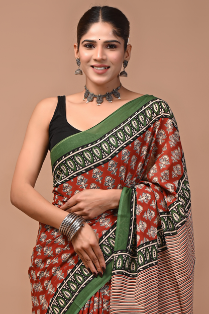 Brown Cotton Mulmul Saree with Forest Green Border & White Striped Print