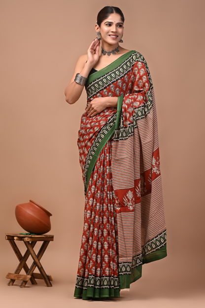 Brown Cotton Mulmul Saree with Forest Green Border & White Striped Print
