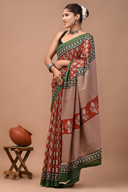 Brown Cotton Mulmul Saree with Forest Green Border & White Striped Print