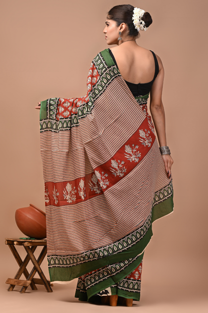 Brown Cotton Mulmul Saree with Forest Green Border & White Striped Print