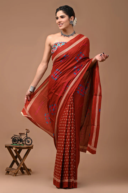 Brown Cotton Mulmul Saree with Elegant Small Artistic Prints
