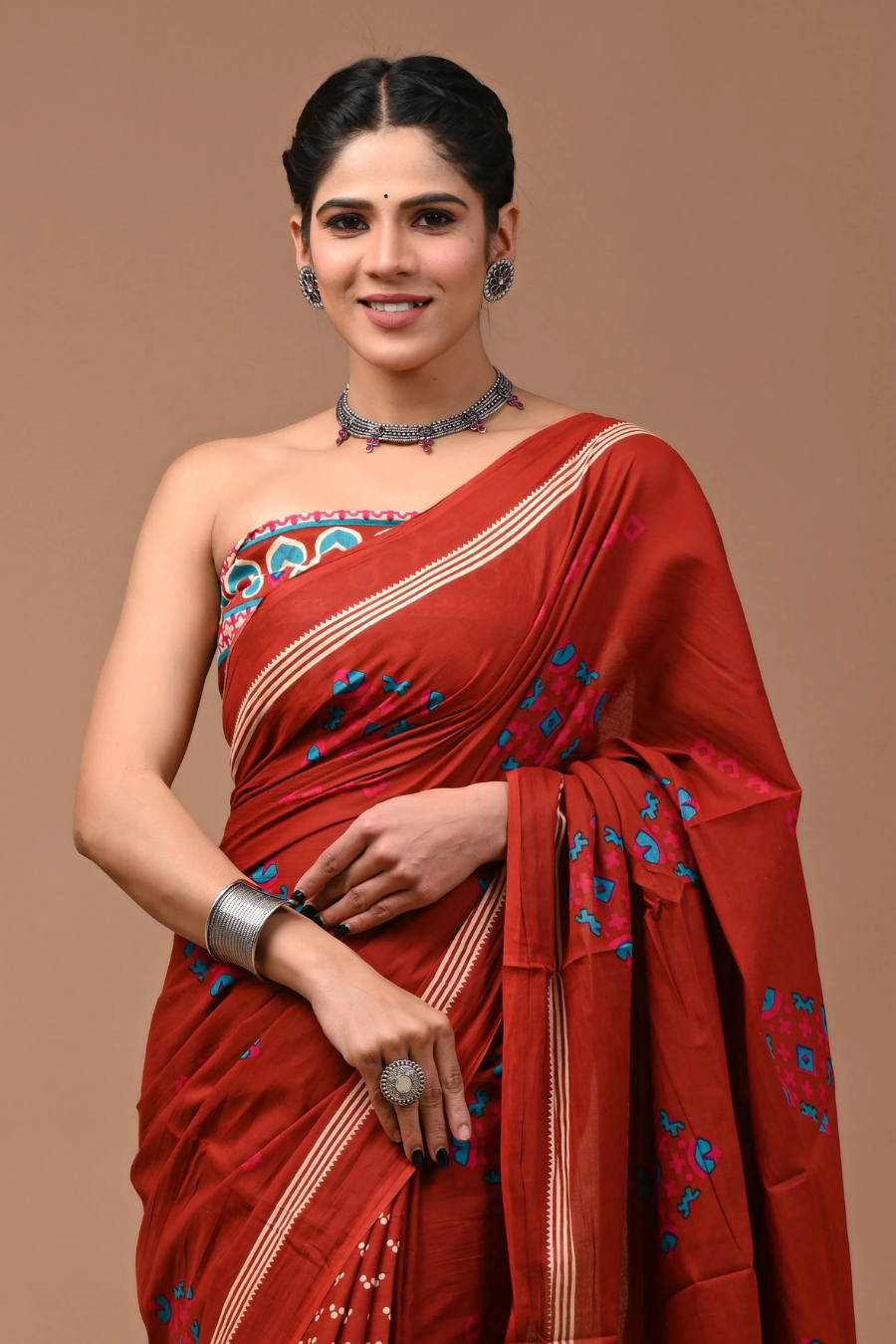 Brown Cotton Mulmul Saree with Elegant Small Artistic Prints