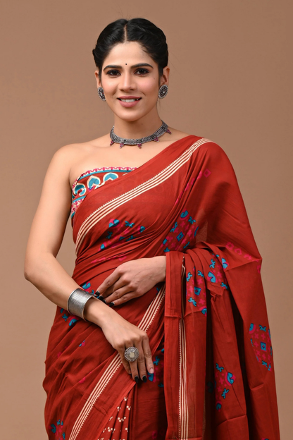 Brown Cotton Mulmul Saree with Elegant Small Artistic Prints