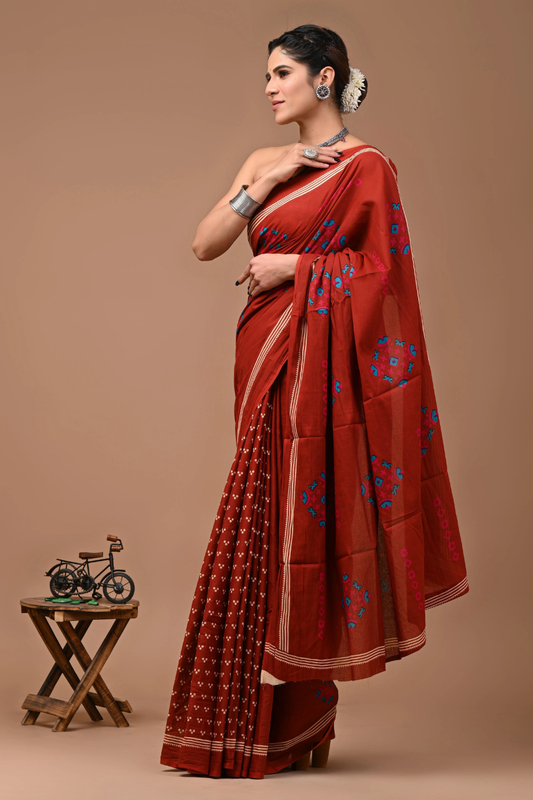 Brown Cotton Mulmul Saree with Elegant Small Artistic Prints