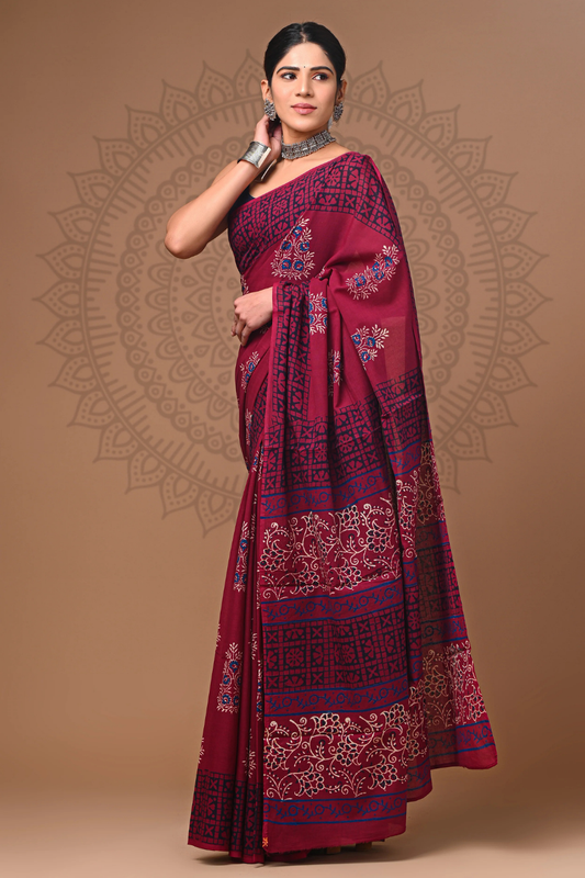 Dark Purple Cotton Mulmul Saree with Artistic Designer Print Pattern