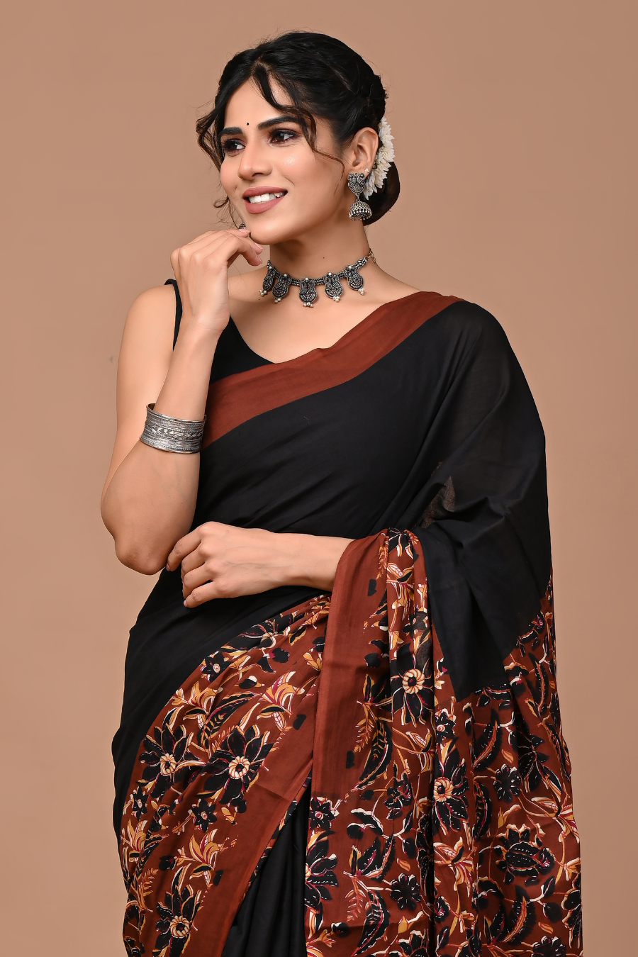 Black Cotton Mulmul Saree with Rustic Brown Designer Pallu & Artistic Print