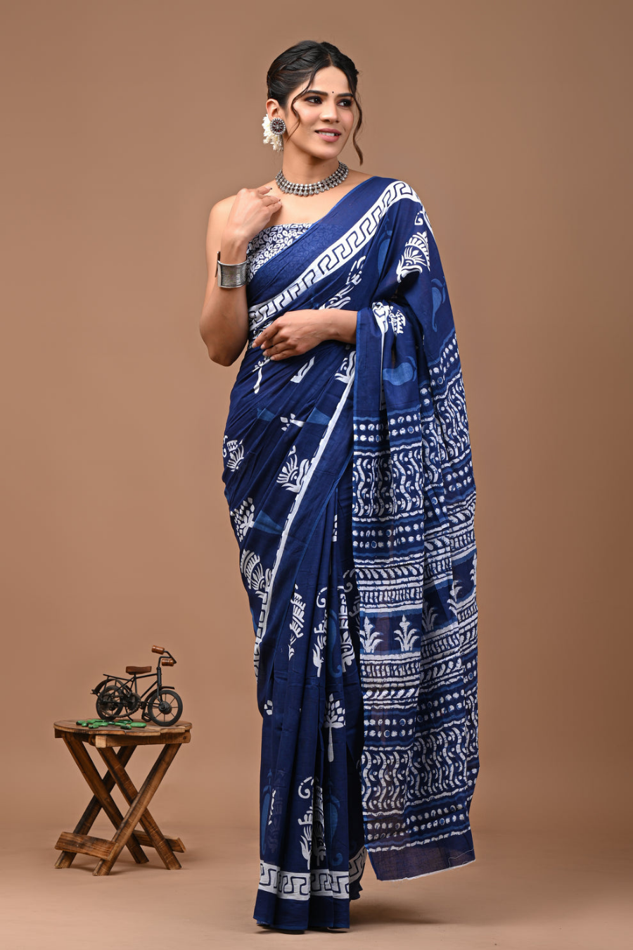 Blue Cotton Mulmul Saree with Light Blue & White Artistic Design