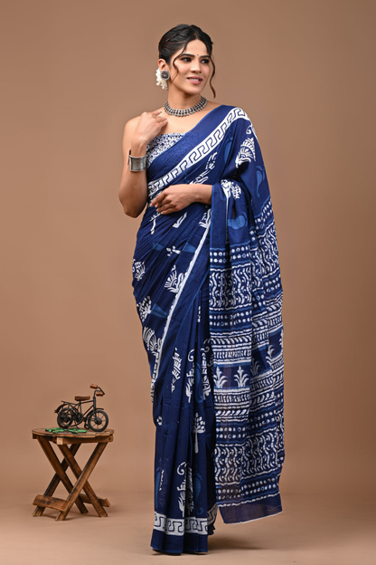 Blue Cotton Mulmul Saree with Light Blue & White Artistic Design