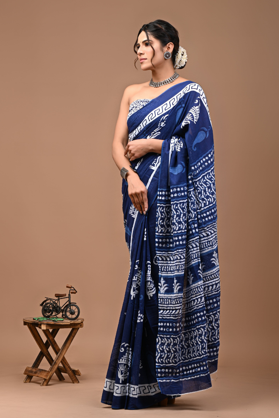 Blue Cotton Mulmul Saree with Light Blue & White Artistic Design