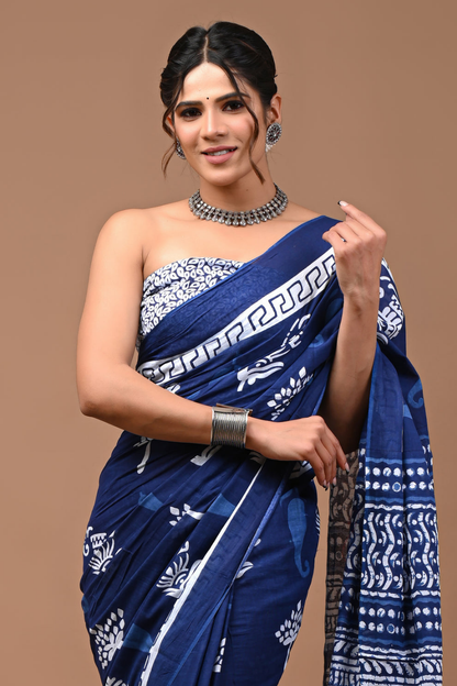 Blue Cotton Mulmul Saree with Light Blue & White Artistic Design