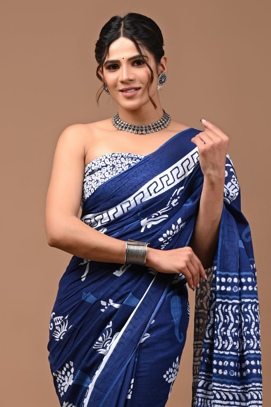 Blue Cotton Mulmul Saree with Light Blue & White Artistic Design